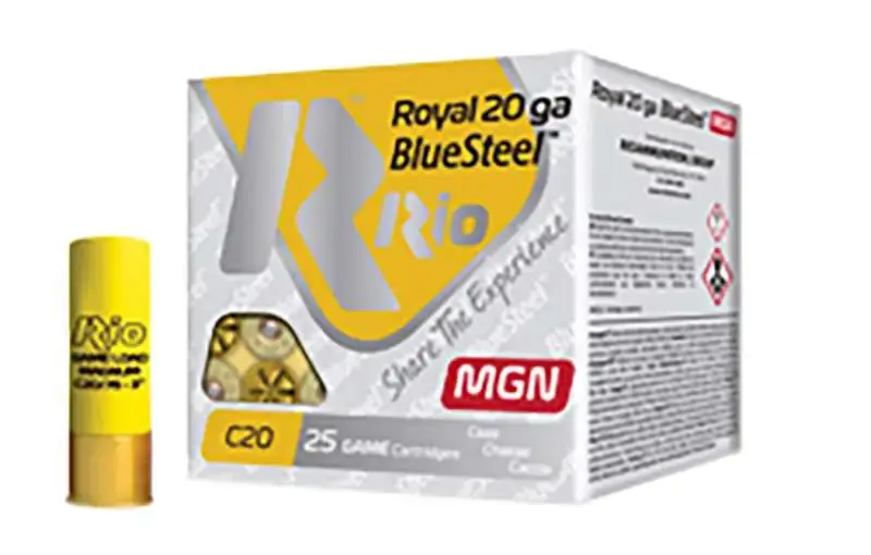 RIO AMMUNITION RBSM202 Royal BlueSteel Magnum 20 Gauge 3 1 oz 2 Shot 25 Round Box