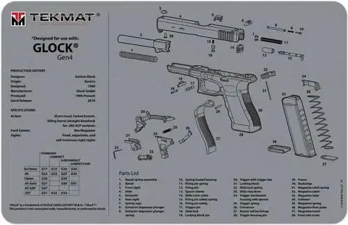 TekMat TEKR17GLOCKG4GY Original Cleaning Mat Glock Gen4 Parts Diagram 11" x 17" Gray
